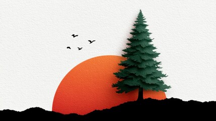 Wall Mural - A lone evergreen tree stands beside a large orange sun with birds flying across a textured white sky