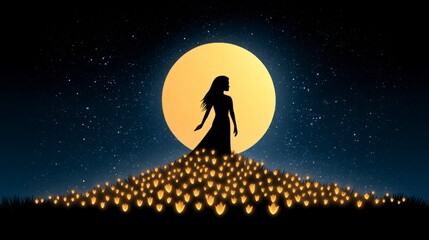 Wall Mural - Silhouette of a woman standing on a hill covered in glowing flowers under a starry night sky and large moon