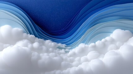 Wall Mural - Swirling blue abstract layers above soft white clouds under a starry sky
