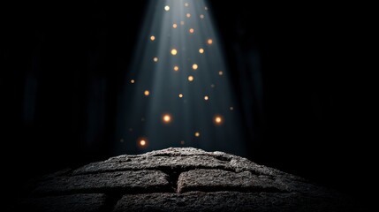 Wall Mural - Textured stone surface with light rays and bokeh effect in dark setting