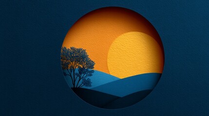 Wall Mural - Stylized circular landscape featuring a layered hill scene with a silhouetted tree against a sunset