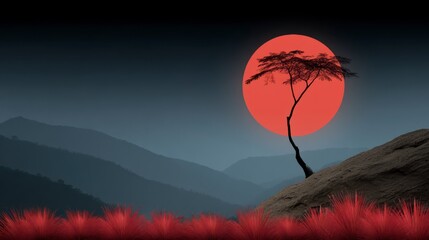 Wall Mural - Silhouetted tree on rocky incline with red grass and large red sun over misty mountains