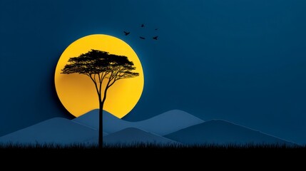 Wall Mural - Silhouette of an acacia tree against a large yellow moon and dark blue sky
