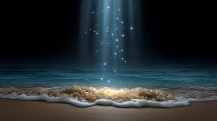 Wall Mural - Ethereal light beams with glowing particles descend upon a dark ocean and sandy shore