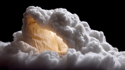 Wall Mural - Textured beige rock formation glowing from within surrounded by fluffy white clouds against black