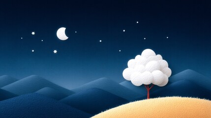 Wall Mural - Stylized landscape with fluffy white tree under crescent moon and stars