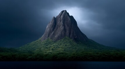 Wall Mural - Dark stormy sky looms over a jagged mountain peak covered in lush green trees