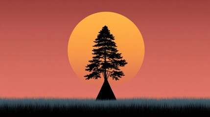 Wall Mural - Silhouette of a lone pine tree against a large orange sun and sunset sky with grass in the foreground