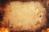 Old treasure map background with pirate ship, compass, and burning edges