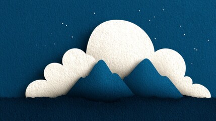 Wall Mural - Stylized paper cut mountains under starry night sky with fluffy clouds