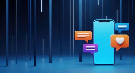 3D Blue Smartphone with Colorful Chat Bubbles on a Modern Blue Background