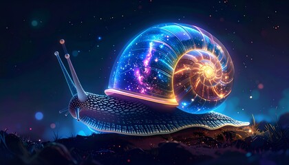 Wall Mural - A brown garden snail with a beautiful shell crawls slowly