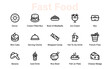 © artnazu - Fast Food icon collection. Containing meal, restaurant, dishes, and fruit icons. Set of linear icons related to food and drink. Linear icon collection, including drink water, apple leaf, and pack.