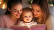 © thanakrit - Joyful Moment of Two Mothers Reading to Their Happy Baby in a Cozy Indoor Setting