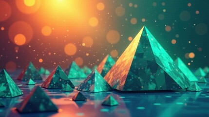 Abstract teal pyramids reflecting light on a shiny surface with bokeh background