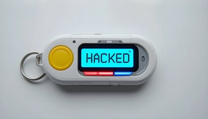 White security token displaying the word hacked on its screen with a yellow button and metal ring