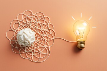 Wall Mural - abstract concept of problem solving and creativity with tangled cord, crumpled paper, and glowing li