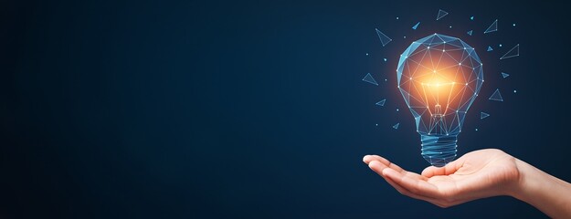 Wall Mural - futuristic glowing light bulb in polygonal wireframe above open hand on dark blue background, symbol