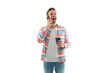 © be free - Man laughing and talk on cellphone. Phone call. Mobile connection. Guy with coffee. Student lifestyle. Modern communication. Man speak on phone isolated on white. Millennial man has phone call