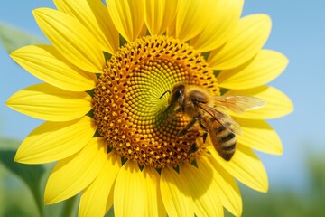 Wall Mural - close-up of honey bee collecting nectar from sunflower under sunlight on natural blue sky background