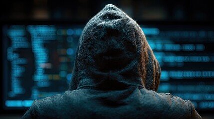 Anonymous hacker in hoodie analyzing data on computer screen, cybersecurity threat and digital crime concept