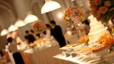 A beautifully arranged wedding buffet with tiered cake and floral decor, evoking romance and joy.