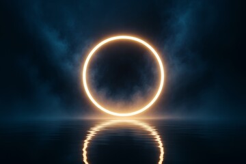 Wall Mural - glowing circle of light with misty blue smoke and water reflection on a dark background creating a s