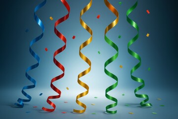 Wall Mural - colorful spiral ribbons and confetti suspended in air against a soft gradient blue background celebr