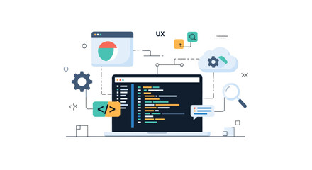 A Colorful Illustration Depicts Code Development And UX Design Processes, Showcasing Modern Software Development Concepts And Cloud Computing, Representing Digital Innovation And