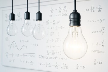 Wall Mural - hanging light bulbs with glowing one in front of whiteboard filled with scientific equations on a wh