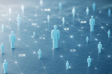 Wall Mural - abstract digital network of blue human icons connected with glowing lines and time stamps on a light