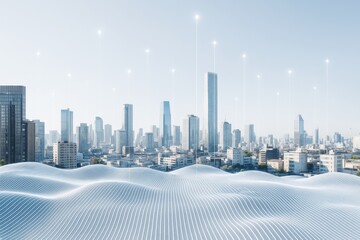 Wall Mural - futuristic smart city skyline with glowing data points and digital wave pattern in foreground on lig