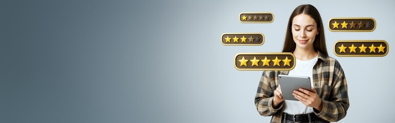 Woman using digital tablet with floating star ratings on light gradient background for tech review mockup, advertising or banner template concept.