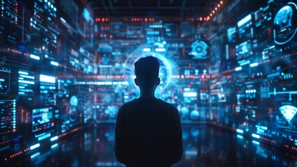 A man looking at the digital wall. Ai generated