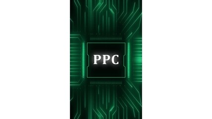 PPC – Pay Per Click. PPC concept head up display (HUD UI) panel and futuristic technology. Digital Data moving on Circuit Board and CPU . Computer Processing and organizing data.