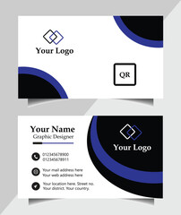 Modern business card design with blue and black accents and qr code