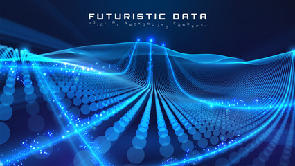 Futuristic background with blue particle glow wave elements and line neon motion. Digital network technology and data flow design. Vector illustration.