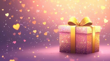 Wall Mural - a glowing gift box wrapped with a golden ribbon, softly sparkling, placed in a cozy warm environment