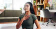 © peopleimages.com - Calm woman, relax and headphones with breathing technique for audio therapy or harmony. Female person, zen or listening with sound healing for inner peace, meditation or mental wellness in home