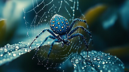 Majestic blue spider covered in dew drops resting on leaf in a natural environment photo