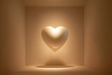 Illuminated white heart floating in a warm, minimalist cube, symbolizing love and hope.