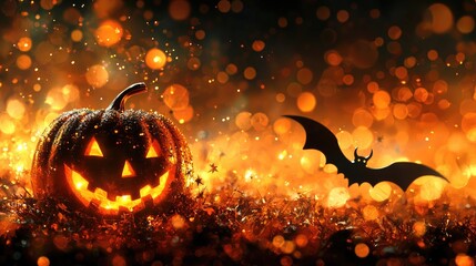 Wall Mural - halloween background with pumpkins and bats, spooky atmosphere, copy space concept. halloween night 