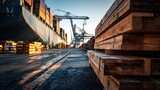 Stacked Lumber with Cargo Ship at Port, Coastal Industrial Scene