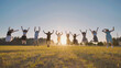 © Довидович Михаил - High school students happily jumping with raised arms in a field at sunset during their summer break