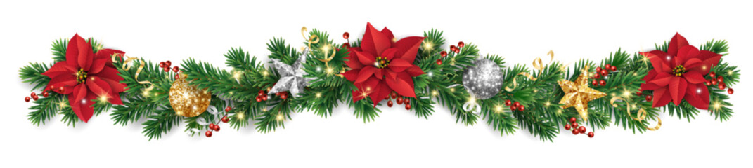 Wall Mural - Horizontal Christmas garland with poinsettias, pine branches, holly berries, confetti, and shiny stars. Decoration for holiday banners, cards, and party posters. Transparent background in vector file.