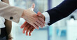 © peopleimages.com - Office, promotion and business people shaking hands in agreement for greeting and partnership. Onboarding, salary increase and hr manager in meeting for company support, handshake or recruitment deal