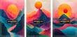 © Daria - Set of abstract watercolor mountain sunset landscape backgrounds in bold gradient colors with stylized sun and layered hills, wall art and modern graphic design. Vector illustration