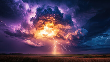 Sticker - A dramatic, wide-angle scene of a powerful thunderbolt striking from a large, glowing purple cloud in a dark, stormy sky. The cloud is dense and luminous, radiating golden hue