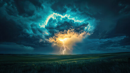 Sticker - A dramatic, wide-angle scene of a powerful thunderbolt striking from a large, glowing green cloud in a dark, stormy sky. 