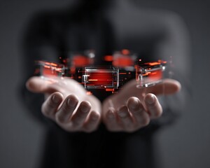 Wall Mural - abstract holographic ai icons floating over human hands, futuristic glowing light, stock photo with 